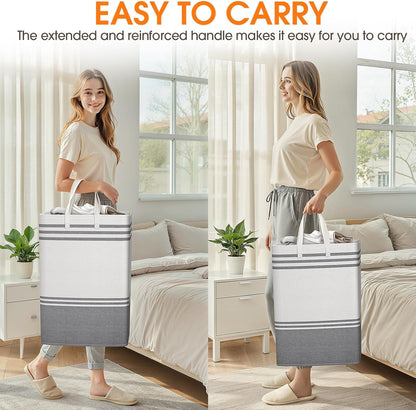 Skiennix Large Laundry Baskets - Waterproof Collapsible Hampers with Reinforced Handles | 75L Grey, 2-Pack