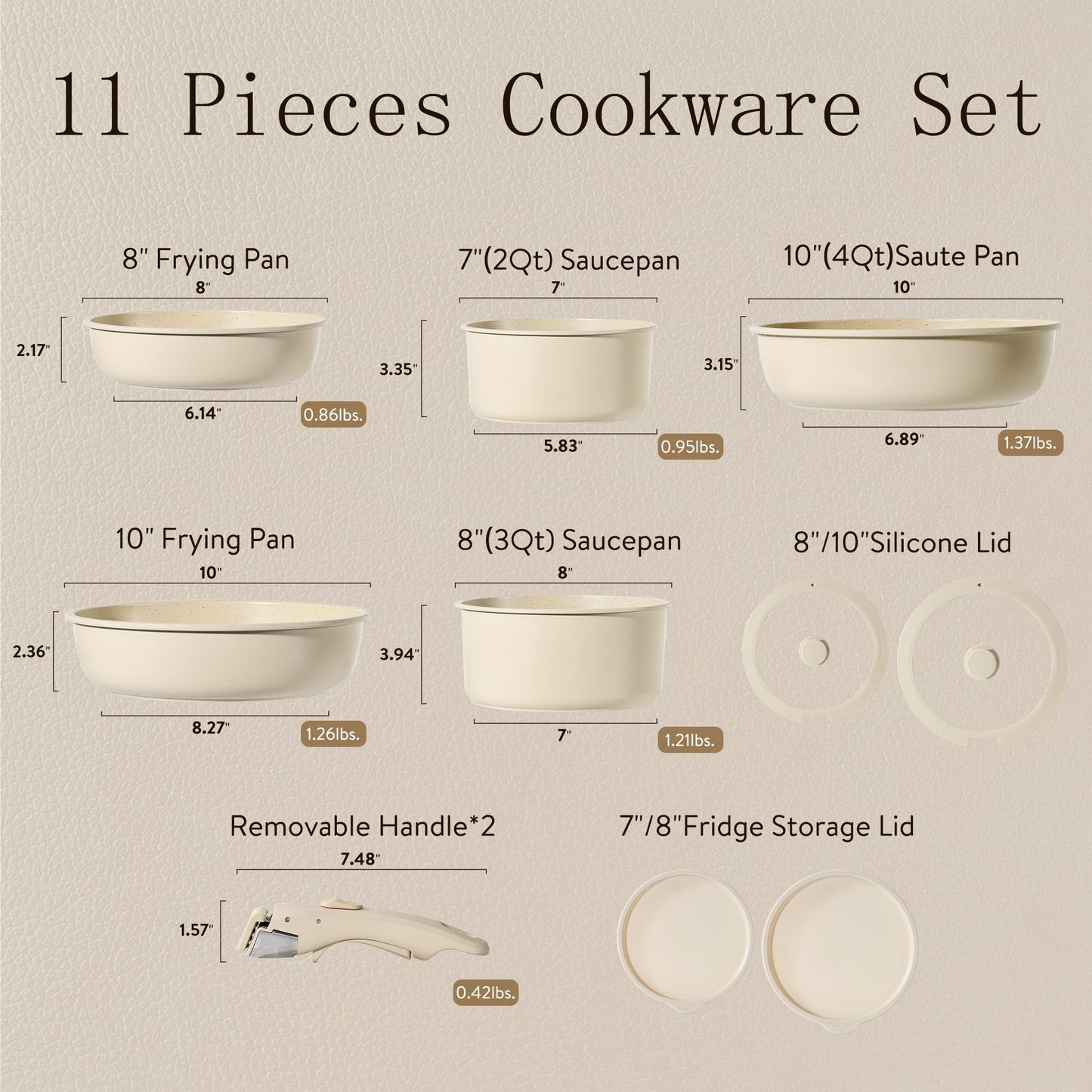 CAROTE 11pcs Pots and Pans Set, Nonstick Cookware Set Detachable Handle, Induction Kitchen Cookware Sets Non Stick with Removable Handle, RV Cookware Set, Oven Safe, Greige Beige