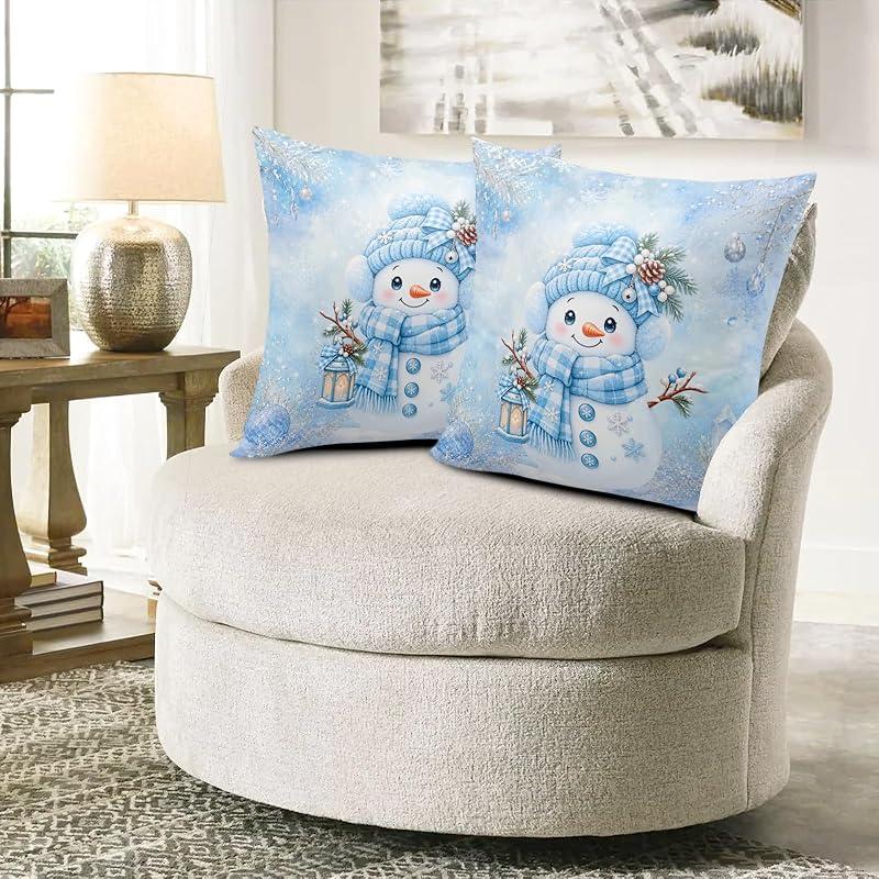 Blue Snowman Pillow Covers 18x18 Pack of 2 – Winter Snowflake Decorative Pillowcase