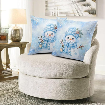Blue Snowman Pillow Covers 18x18 Pack of 2 – Winter Snowflake Decorative Pillowcase