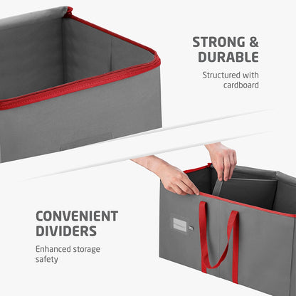 ZOBER Large Christmas Ornament Storage Box | Holds 128 3" Ornaments - Durable Organizer with Dividers & Extra Pockets - Gray