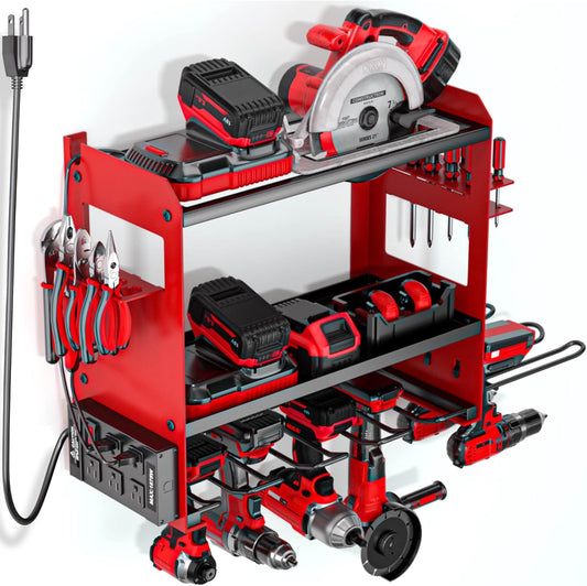 YYR Power Tool Organizer - Heavy-Duty Wall Mount with Charging Station & Battery Storage Rack - Red