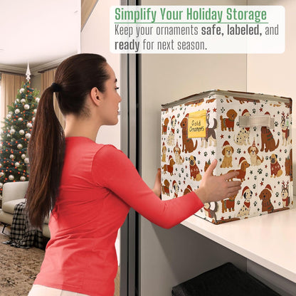 VENO Christmas Ornament Storage Box - 4 Pack, Holds 64 Ornaments, Adjustable Dividers, Zippered Top | Holiday Pups Design
