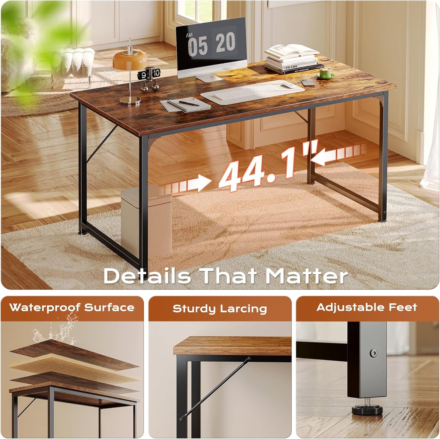 PRAISUN Computer Desk - 47" x 24" Gaming & Office Writing Desk with Rustic Brown Finish