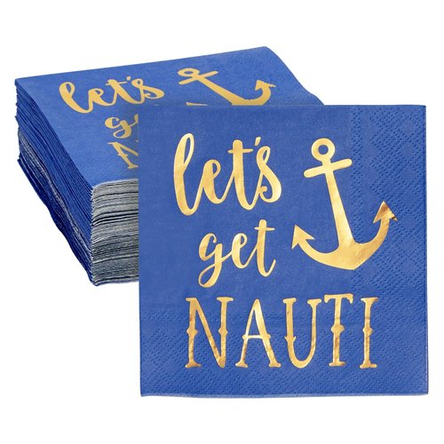 50 Pack,Nautical Party Decorations Blue Nautical Napkins for Let's Get Nauti Bachelorette Party Decorations, Gold Foil Anchor (5 x 5 In)