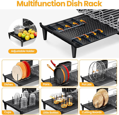 TOOLF Expandable Dish Rack - Stainless Steel Dish Drying Rack with Cutlery Holder | Large & Foldable, Black