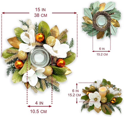 Skiennix 18" Centerpiece - Flameless LED Candle Holder with White Magnolia, Gold Baubles & Spruce Branches for Holiday Decor