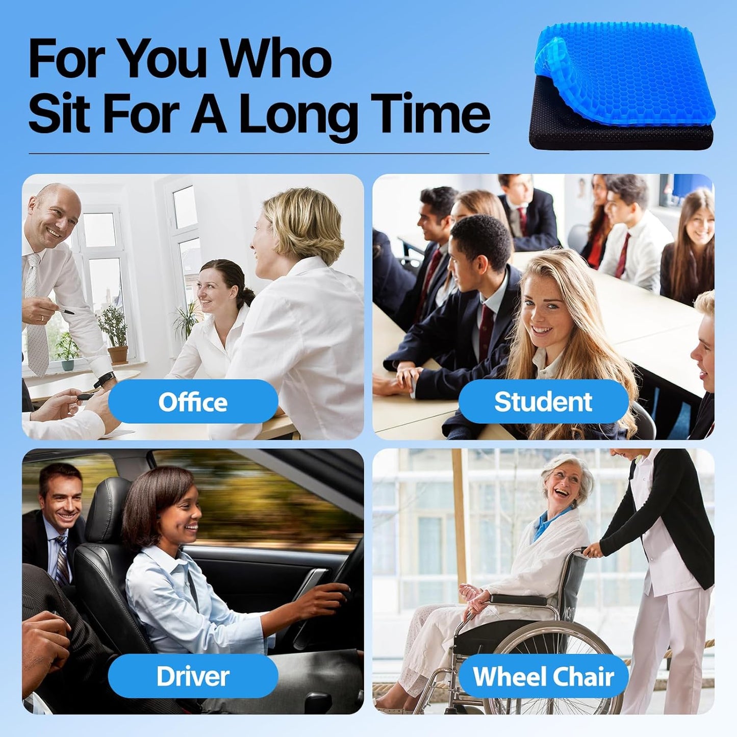 Skiennix Gel Seat Cushion - Super Large Cooling Honeycomb Design for Pressure Relief | Office & Car Use
