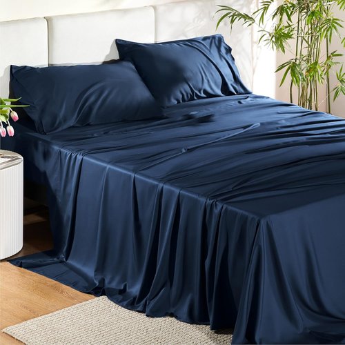 Bedsure King Size Cooling Sheets Set - Breathable Rayon from Bamboo, Soft & Luxurious, Deep Pocket Navy