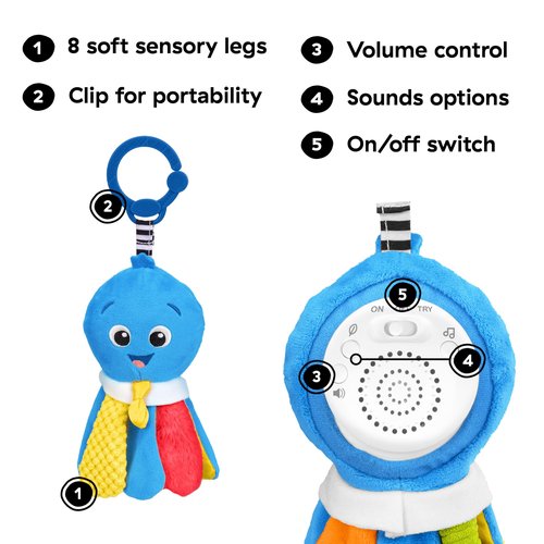 Baby Einstein Take Along Opus Octopus Soother, Portable Musical Sensory Toy with Stroller Clip, 20 Melodies and Calming Sounds for Newborn Baby, Plush Travel Toy 0-36 Months