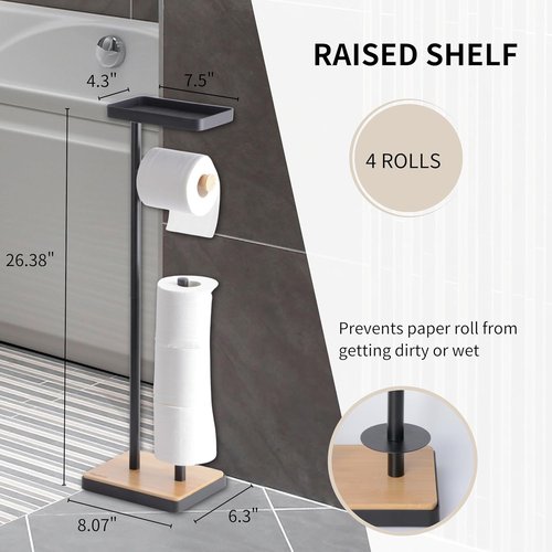 Clasin Home Toilet Paper Holder Stand - Free Standing Design with Storage & Top Shelf - Black Bamboo Finish