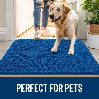 OLANLY Dog Door Mat for Muddy Paws 44x32, Absorbs Moisture and Dirt, Absorbent Non-Slip Washable Doormat, Quick Dry Chenille Mud Mat, Entry Indoor Entryway Carpet for Inside Floor, Deep Navy Blue