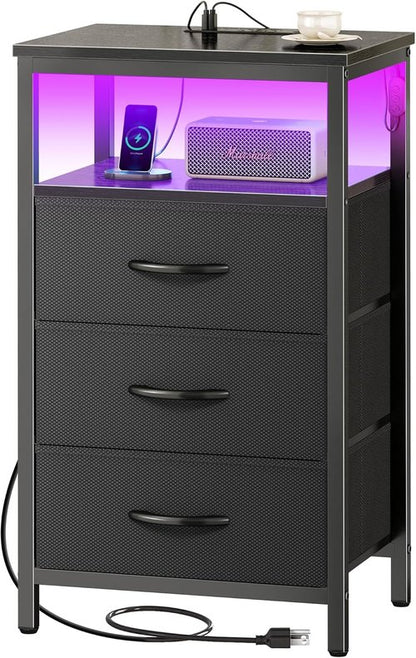 Huuger Night Stand - 3 Drawer Bedside Table with Charger Station & LED Lights | Black Fabric Dresser
