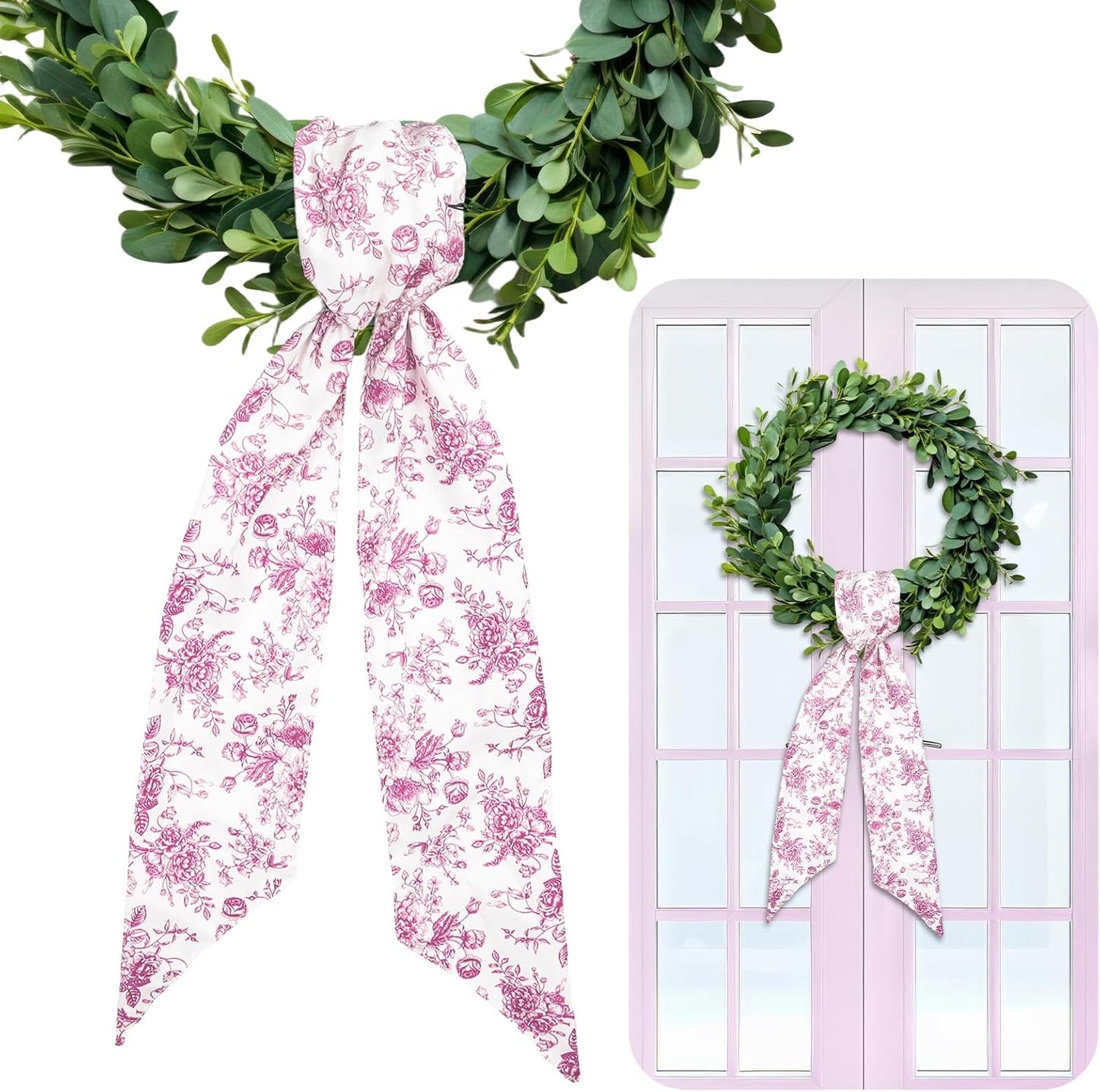 Whaline Pink Flower Wreath Sash - Chinoiserie Floral Garland Ribbon for Holiday Home Decor | 2 Pieces