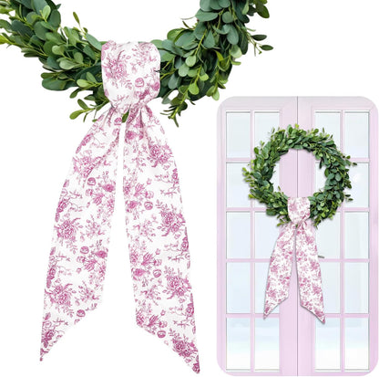 Whaline Pink Flower Wreath Sash - Chinoiserie Floral Garland Ribbon for Holiday Home Decor | 2 Pieces
