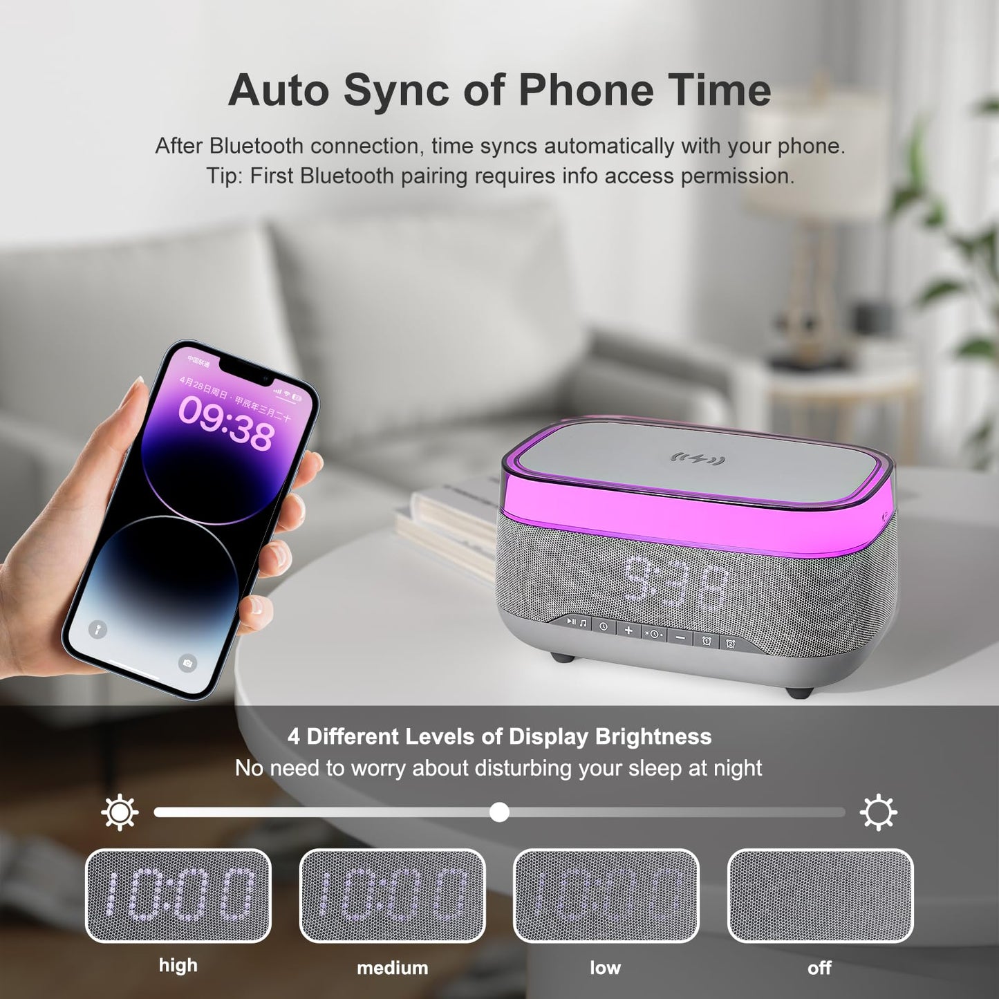 PRIBUY Smart Alarm Clock with 15W Fast Wireless Charger & Bluetooth Speaker - Dual Alarm, Dimmable Display, Touch Bedside Lamp, Nightstand Clock for Bedroom, Office, Home