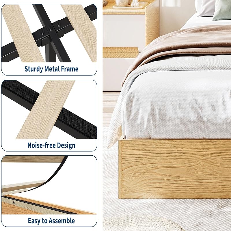 IDEALHOUSE Full Wood Platform Bed Frame with Low Profile Pine Finish - Twin to California King