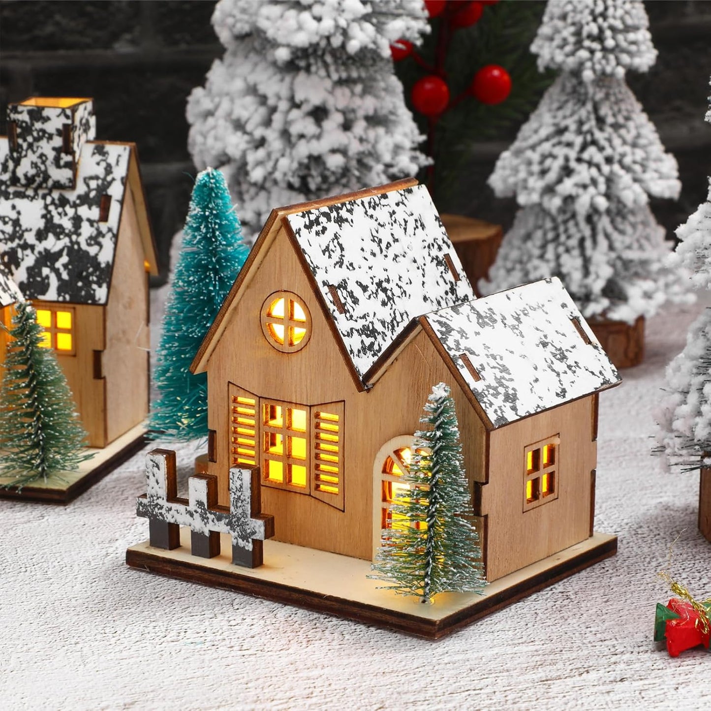 Toyvian Christmas Village Houses Decor - Set of 3 Glowing Wooden Houses with Lights | Holiday Table Centerpieces