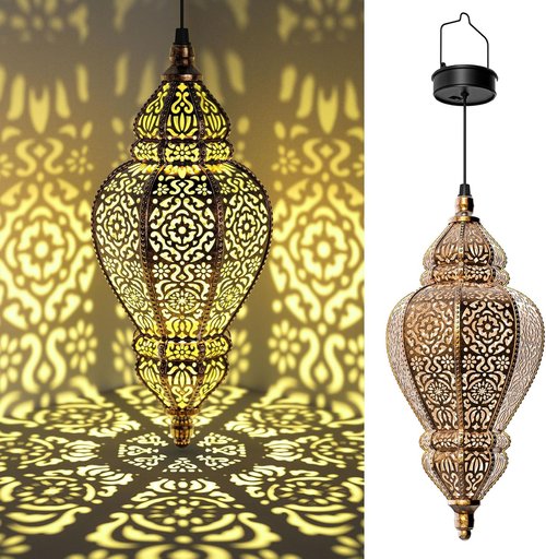 Hapjoy Moroccan Solar Lanterns - Waterproof Outdoor Garden Decor | Gold Hanging Lights (1 Pack)