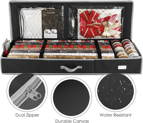 Hearth & Harbor Wrapping Paper Storage Container - Tear-Proof Organizer with Interior Pockets | Holds Up to 22 Rolls