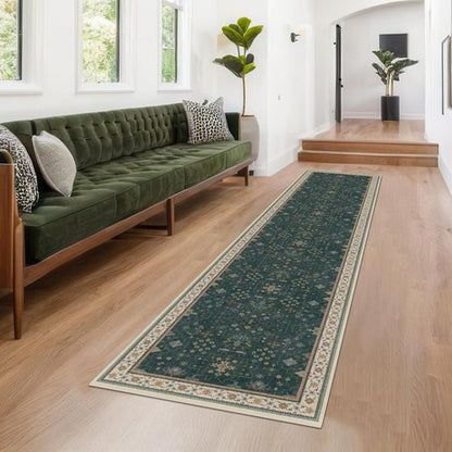Hazo Haus Dark Green Kitchen Rug - Modern Vintage Boho Floral Design, Washable Non-Slip 10 ft Runner