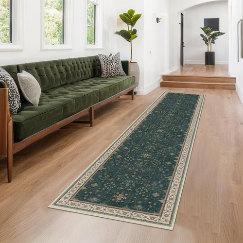 Hazo Haus Dark Green Kitchen Rug 10 ft Long - Modern Vintage Boho Unique Floral with Gold Accent, Washable Low Pile Non-Slip Extra Long Wide Runner Rugs for Hallway, 3x10