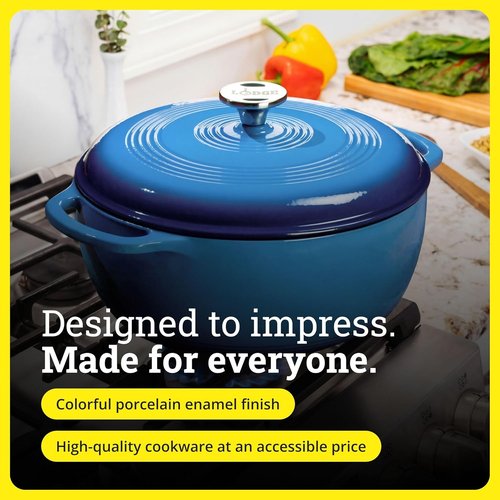 Lodge Essential Enamel Cast Iron Dutch Oven - 6 Quart Caribbean Blue - Ideal for Baking, Braising & Slow Cooking