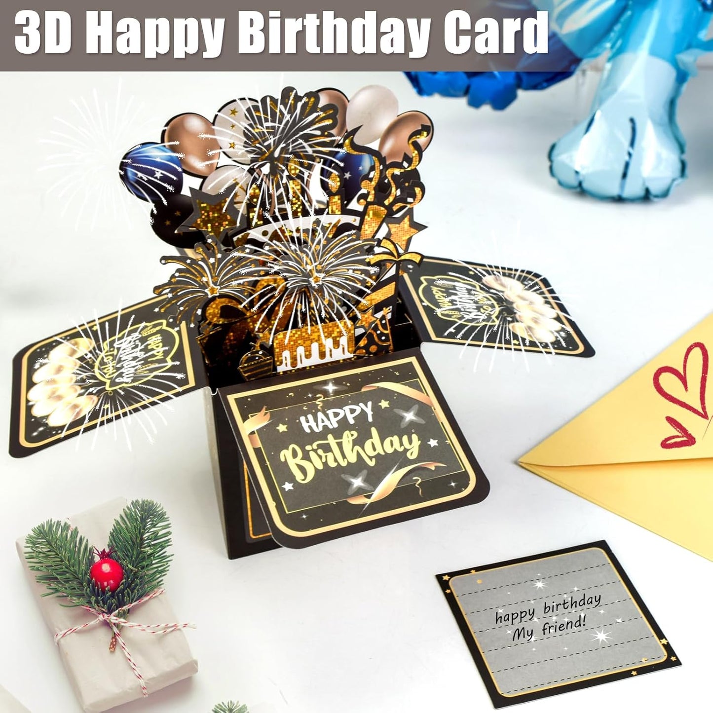 Surprise Pop Up Birthday Cards - Unique 3D Handmade Greeting Card for Adults & Kids | Black