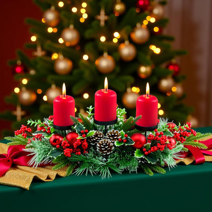 YULETIME Christmas Triple Candelabrum - Holiday Candle Holder with Red Baubles & Natural Pine Decor