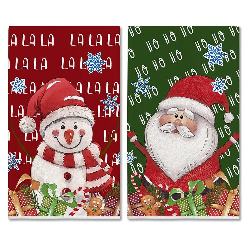 Christmas Kitchen Towels Set of 2 18x28in Snowman Santa - Red/Green Variation