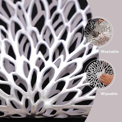 6 Pack Silver Placemats - 15" Round Glitter Vinyl Table Mats for Winter Holidays