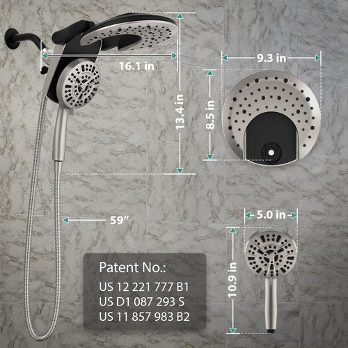 Rain Shower Head with Handheld: Foldable High Pressure Shower Heads with Handheld Spray Combo, 9 Spray Settings/Modes Hand Held Showerhead Dual Rainfall Shower Head Built-in Magnetic Docking and Jets