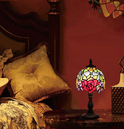 Vesbiela Stained Glass Lamp 8'', Red Flower Tiffany Table Lamp for Bedroom Study Office Home Tiffany Style Table Lamp