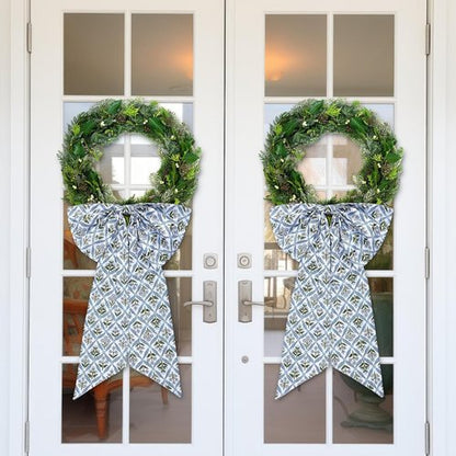 HunnmingRe Christmas Wreath Sash - 24 x 16 Inch Blue Block Print Bow for Indoor/Outdoor Decor