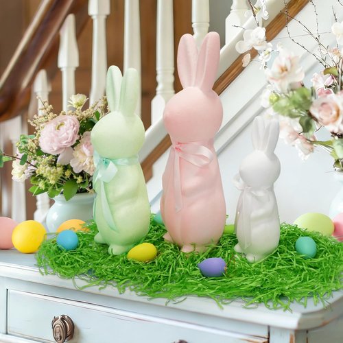 Letsroar Easter Bunny Decor Set - 3 Pack Flocked Bunnies (10", 13", 15") with Plastic Eggs & Grass | Spring Table Centerpiece