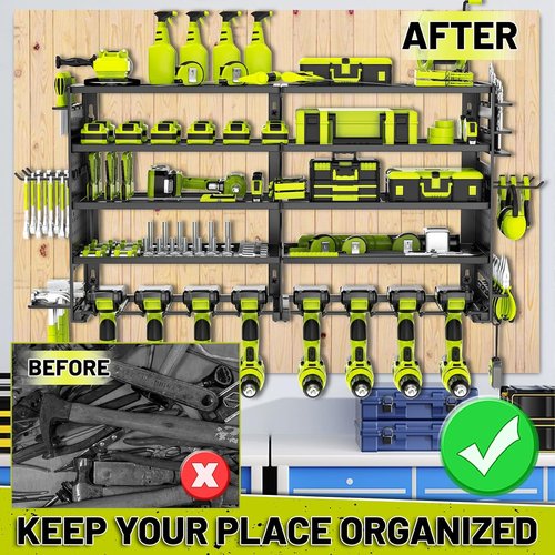 5 Layers Power Tool Organizer - Heavy-Duty Metal Wall Mount Storage Rack with 8 Drill Holders | Black