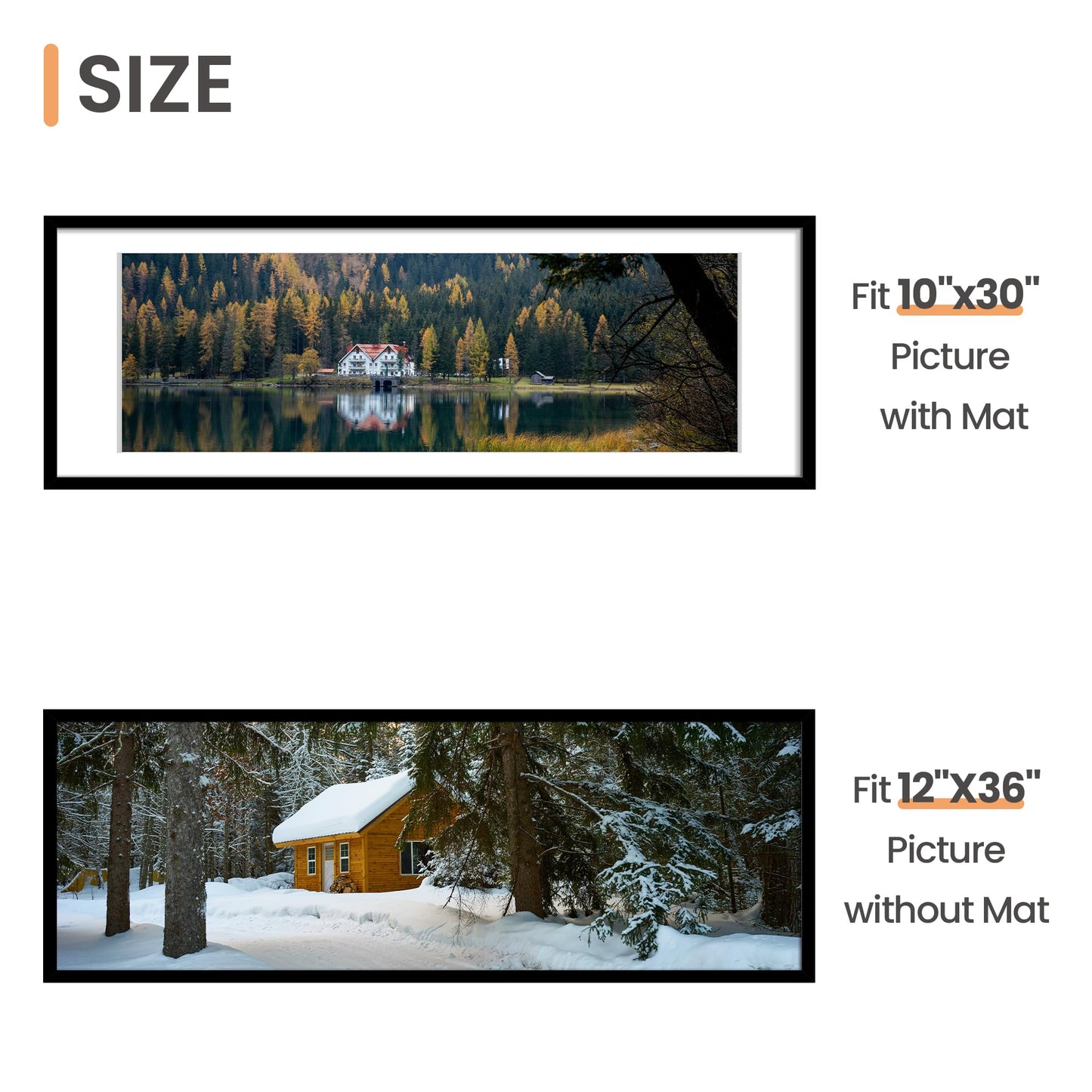 upsimples 12x36 Picture Frame, Display Pictures 10x30 with Mat or 12 x 36 Without, Wall Hanging Long Frames, Black, 1 Pack