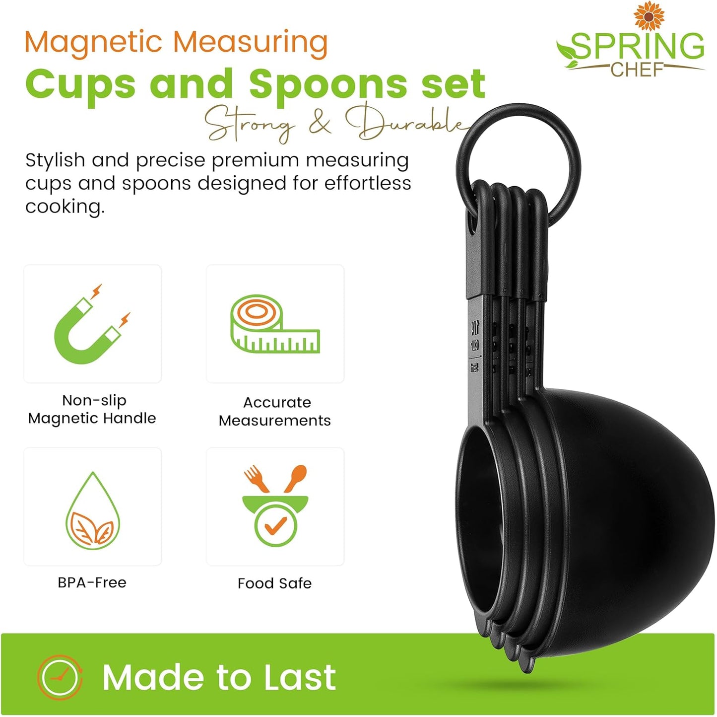 Spring Chef Magnetic Measuring Cups & Spoons Set - Nesting Kitchen Tools with Easy-to-Read Markings, BPA-Free, Black