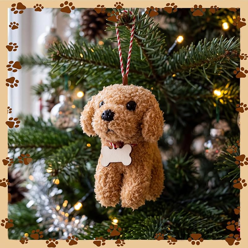 Goldendoodle Christmas Ornament - Plush Curly Dog with Writable Wooden Tag (Variation: Gold)