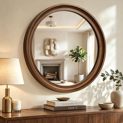 Round Wood Mirror 28" Circle Mirror with Walnut Frame - Contemporary Wall Decor