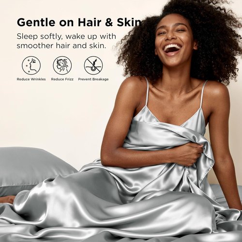 Bedsure Satin Sheets - 4-Piece Queen Size Silky Bedding Set with Deep Pocket & Elastic Straps | Silver Grey