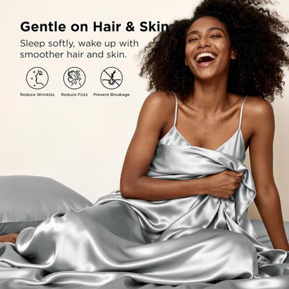 Bedsure Satin Sheets - 4-Piece Queen Size Silky Bedding Set with Deep Pocket & Elastic Straps | Silver Grey