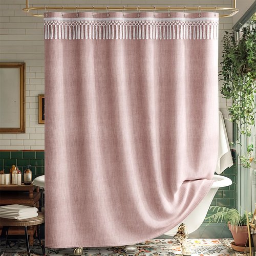 AmazerBath Pink Boho Shower Curtains for Bathroom, Farmhouse Shower Curtain with Top Tassels, Pink Shower Curtain Set, Faux Linen Fabric Shower Curtain with 12 Hooks, Hotel Quality, 72x72 Inches