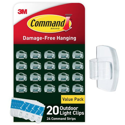 Command Outdoor Light Clips, 20 Clear Clips and 24 Command Strips, Damage-Free Hanging Outdoor Light Clips with Weather Resistant Strips, Wall Clip for Hanging Outdoor Lights and Cable Management