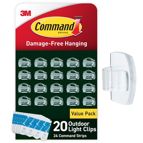 Command Outdoor Light Clips, 20 Clear Clips and 24 Command Strips, Damage-Free Hanging Outdoor Light Clips with Weather Resistant Strips, Wall Clip for Hanging Outdoor Lights and Cable Management