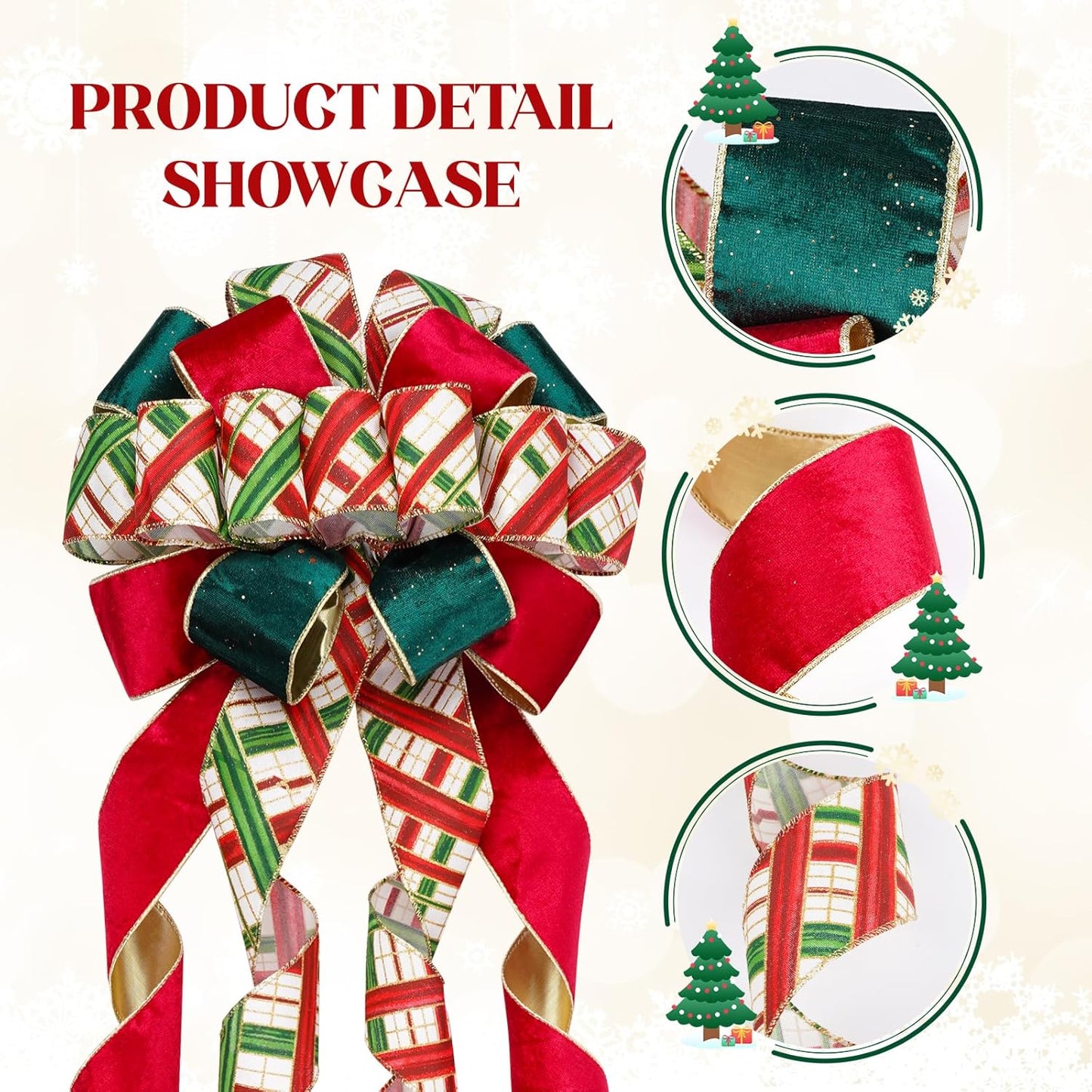 Skiennix Christmas Tree Topper Bow - 13" Large Velvet Red & Green Buffalo Plaid | Festive Holiday Decoration