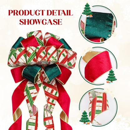 Skiennix Christmas Tree Topper Bow - 13" Large Velvet Red & Green Buffalo Plaid | Festive Holiday Decoration