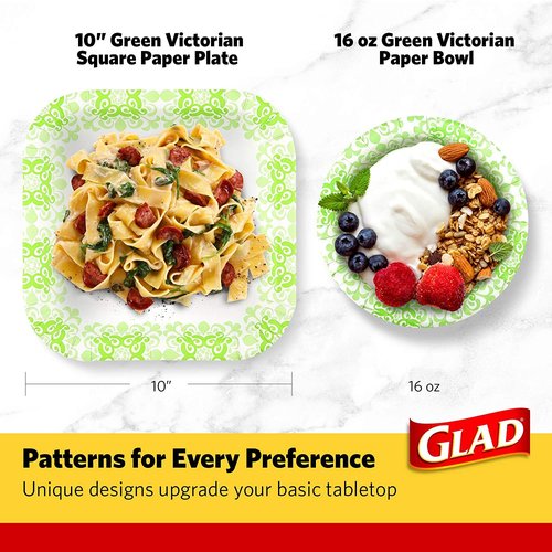 Glad Square Heavy Duty Paper Plates, Soak Proof and Cut Proof Disposable Plates for Parties and Everyday Meals, Microwaveable for Easy Serving, Green Victorian Pattern, 10 Inch, 50 Count - 6 Pack