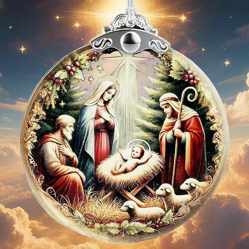 Nativity Scene Stained Glass Ornament - Flat Christmas Tree Hanging Ornament - Variation: Nativity