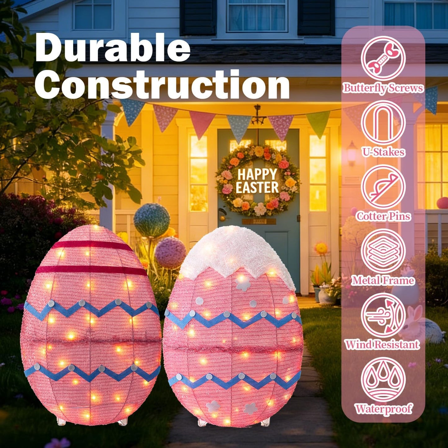 Skiennix Outdoor Easter Decorations - Set of 2 Lighted Metal Eggs | 34 Inch LED Lights for Lawn & Garden